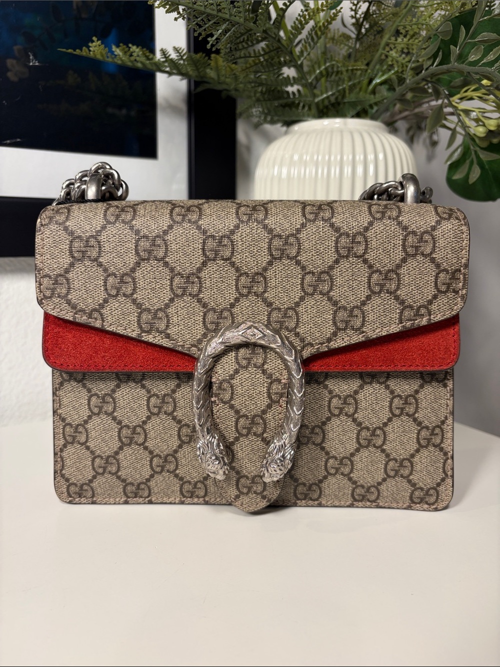 GUCCI Dionysus Small GG Supreme Canvas. & Red Suede Shoulder Bag w/COA